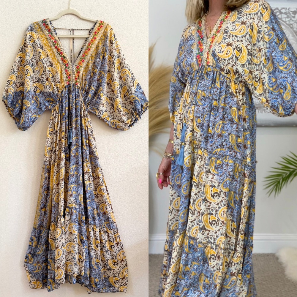 Luisa 100% Silk Paisley Embroidered Beaded Maxi Dress Boho Resortwear Beach